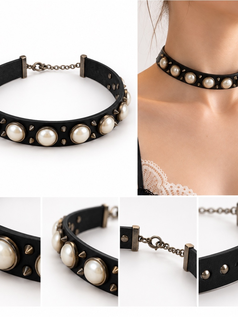 Pearl Studded Black Leather Choker Necklace